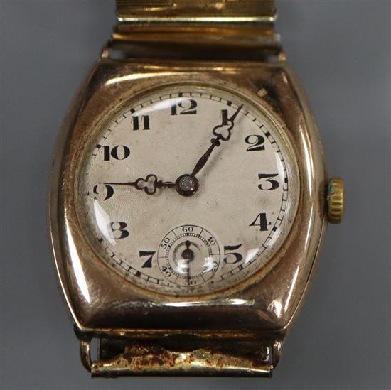 A gentlemans small 1920s 9ct gold Rolex wrist watch, on associated later bracelet.